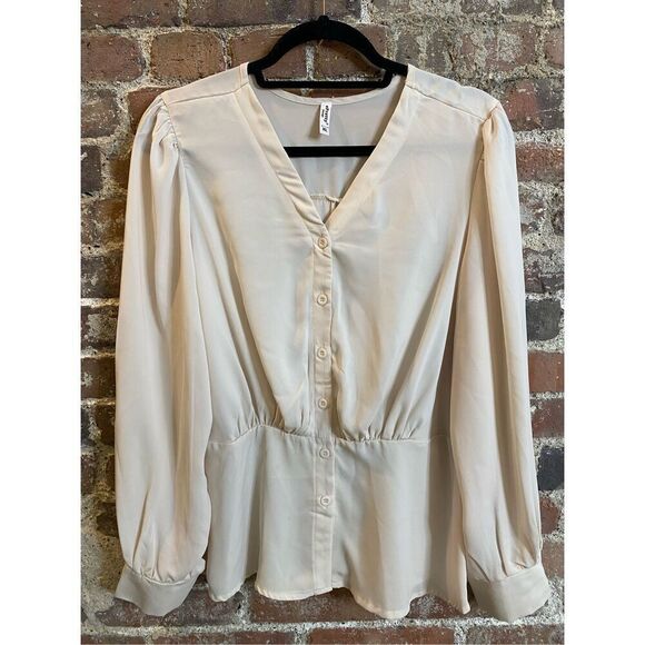 Pretty Chicago Beige/ Off-White Long Sleeve Button-Down Blouse Women’s Size XL - Picture 1 of 7